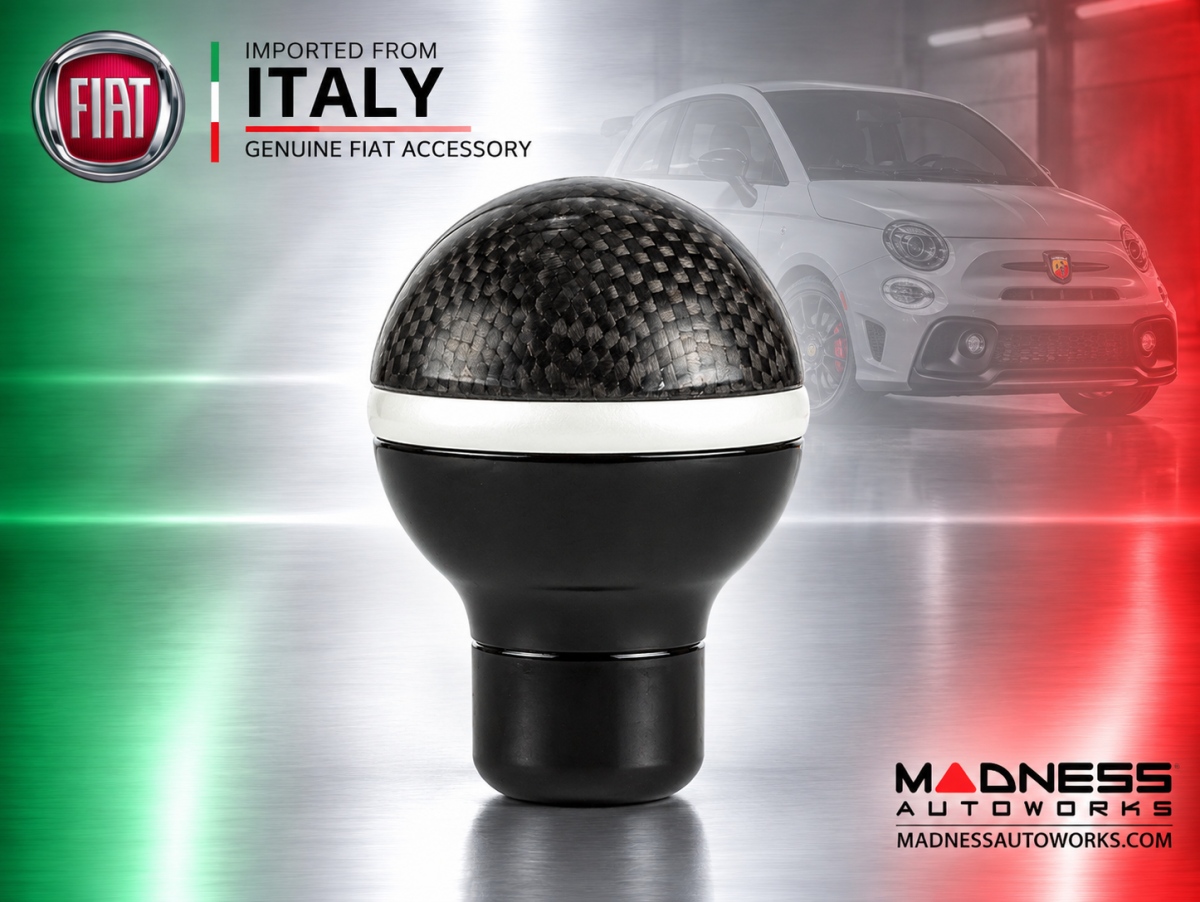 FIAT 500 Gear Shift Knob - Black Italy - Carbon Fiber Top/ Black Base and Pearl White Side Stripe