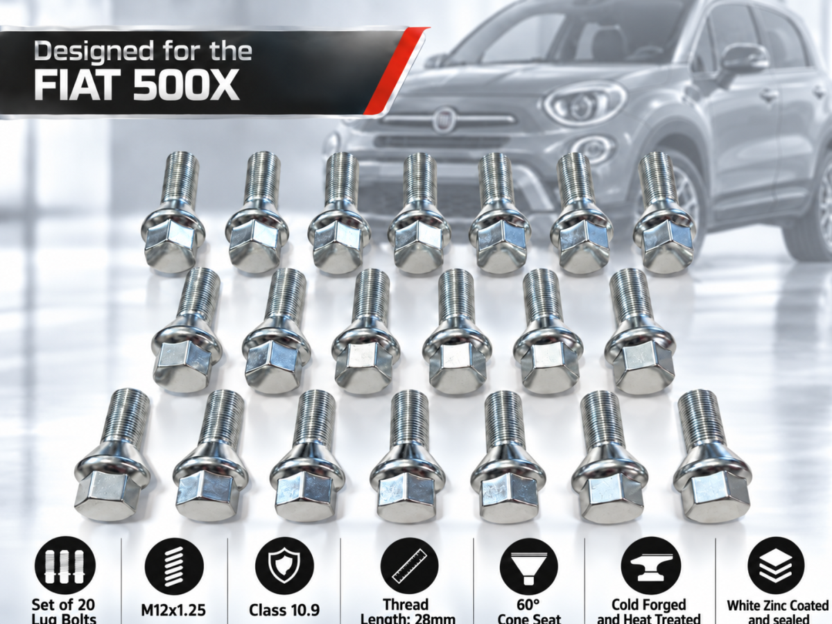 FIAT 500X Lug Bolt Set - Set of 20 - M12x1.25 - 60° Cone Seat - Silver