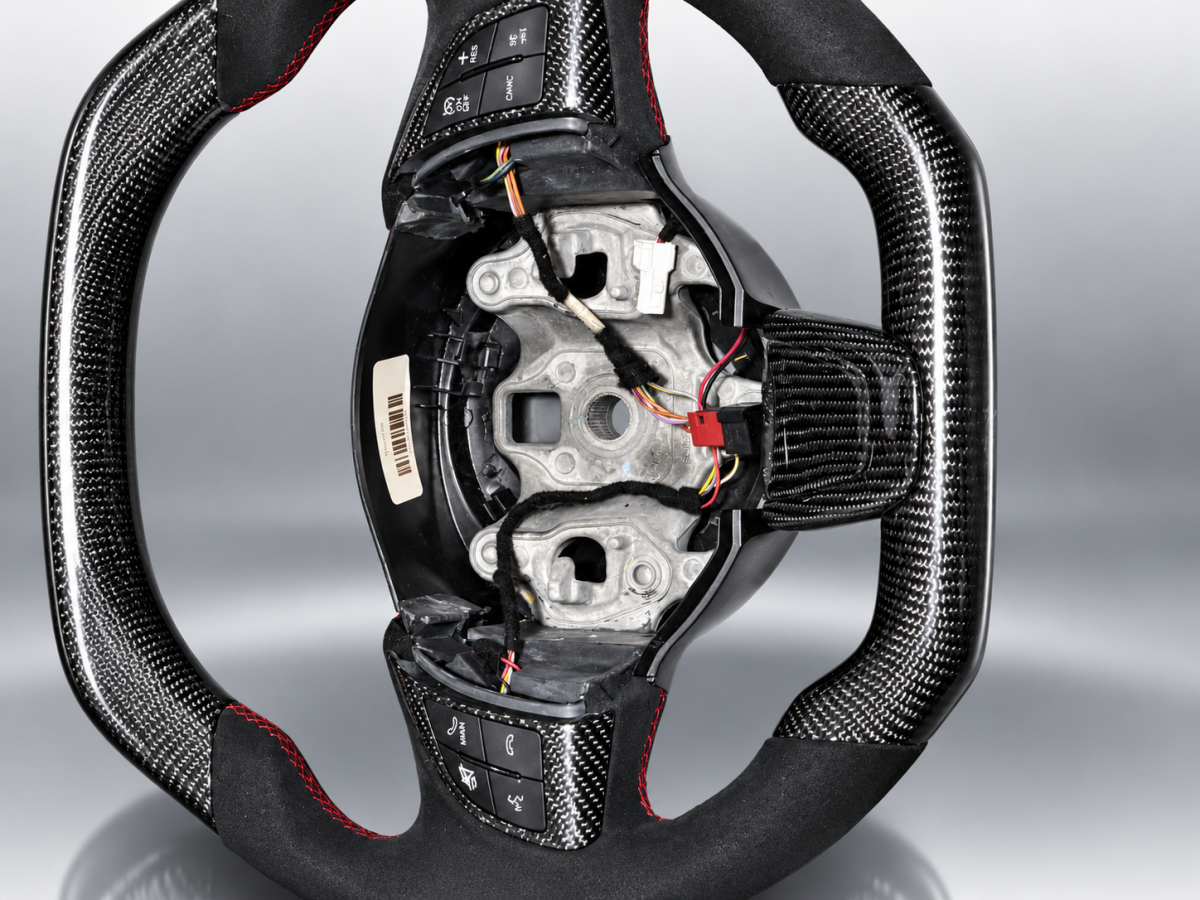 FIAT 124 Custom Steering Wheel - Carbon Fiber - Flat Top/ Flat Bottom w/ Italian Stripe - Perforated Leather