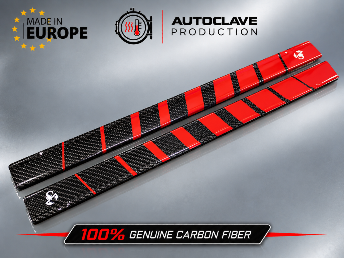 FIAT 500 Door Sills - Carbon Fiber - Red Racing Stripe w/ White Scorpion