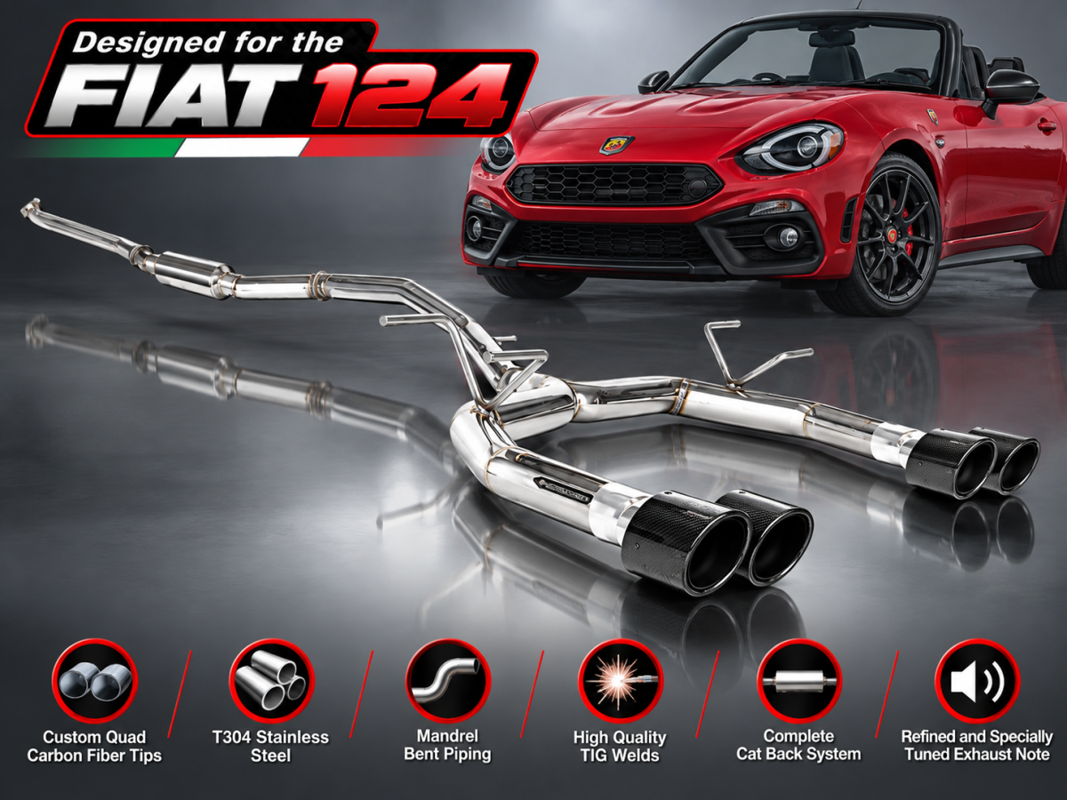 FIAT 124 Performance Exhaust by MADNESS - Lusso - Dual Exit w/ Carbon Fiber Quad Tips V1