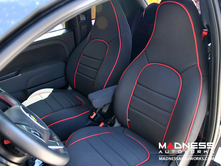 FIAT 500 Seat Covers - Front Seats - Custom Neoprene Design - ABARTH Model - Burnt Orange Piping + Arm Rest Covers - open box