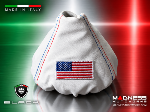 FIAT 500 Gear Shift Boot - Black Italy - White Leather w/ American Flag & Red/ Blue Stitching