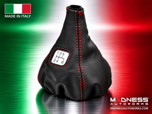 FIAT 500 Gear Shift Boot - Black Italy - Black Leather w/ Red Stitching + Gear Shift Pattern Emblem
