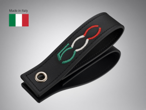 FIAT 500 Trunk Handle / Pull Strap - Black Italy - Black Leather w/ 500 Logo in Italian Colors FIAT 500 Trunk Handle / Pull Strap - Black Italy - Black Leather w/ 500 Logo in Italian Colors