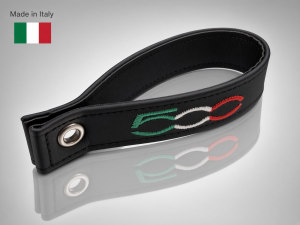 FIAT 500 Trunk Handle / Pull Strap - Black Italy - Black Leather w/ 500 Logo in Italian Colors FIAT 500 Trunk Handle / Pull Strap - Black Italy - Black Leather w/ 500 Logo in Italian Colors