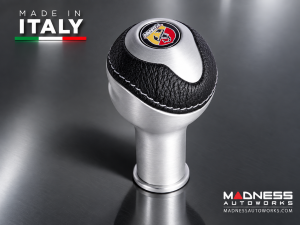 FIAT 500 Gear Shift Knob - Black Italy - Silver Base/ Black Leather Top + ABARTH Logo - V2
