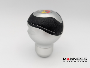 FIAT 500 Gear Shift Knob - Black Italy - Silver Base/ Black Leather Top + ABARTH Logo - V1 FIAT 500 Gear Shift Knob - Black Italy - Silver Base/ Black Leather Top + ABARTH Logo - V1