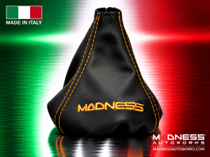 FIAT 500 Gear Shift Boot - Black Italy - Black Leather w/ Orange Stitching + MADNESS Logo
