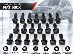 FIAT 500X Lug Bolt Set - Set of 20 - M12x1.25 - 60° Cone Seat - Black
