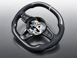 FIAT 124 Custom Steering Wheel - Carbon Fiber - Flat Top/ Flat Bottom w/ Italian Stripe - Perforated Leather