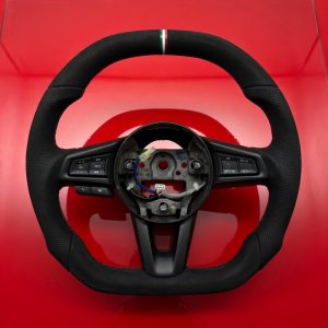 FIAT 124 Custom Steering Wheel - Carbon Fiber - Round Top/ Flat Bottom w/ Italian Stripe - Alcantara