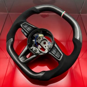 FIAT 124 Custom Steering Wheel - Carbon Fiber - Round Top/ Flat Bottom w/ Italian Stripe - Alcantara
