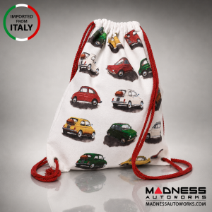 Canvas Bag - Drawstring - Classic White Fiat 500 Repeat