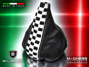 FIAT 500 Gear Shift Boot - Black Leather w/ Checkered Black + White Stripe