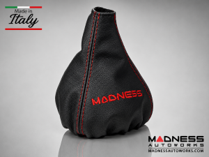 FIAT 500 Gear Shift Boot - Black Italy - Black Leather w/ Red Stitching + MADNESS Logo