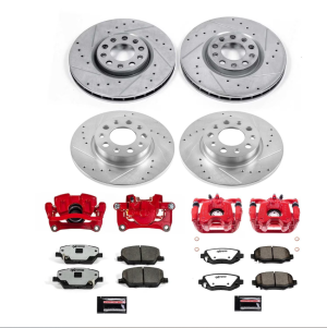 Fiat 500X Brake Kit - Front + Rear - PowerStop - Drilled & Slotted Rotors + Carbon-Fiber Ceramic Pads + Powder Coated Calipers - Red