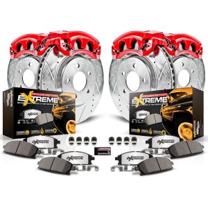 Fiat 500X Brake Kit - Front + Rear - PowerStop - Drilled & Slotted Rotors + Carbon-Fiber Ceramic Pads + Powder Coated Calipers - Red