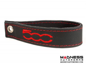 FIAT 500 Trunk Handle / Pull Strap - Black Italy - Black w/ Red Stitch + Red 500 Logo