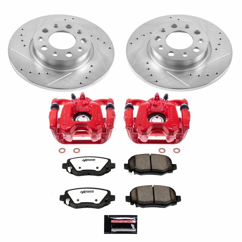 Fiat 500X Brake Kit - Rear - PowerStop - Drilled & Slotted Rotors + Carbon-Fiber Ceramic Pads + Powder Coated Calipers - Red - `16-`18