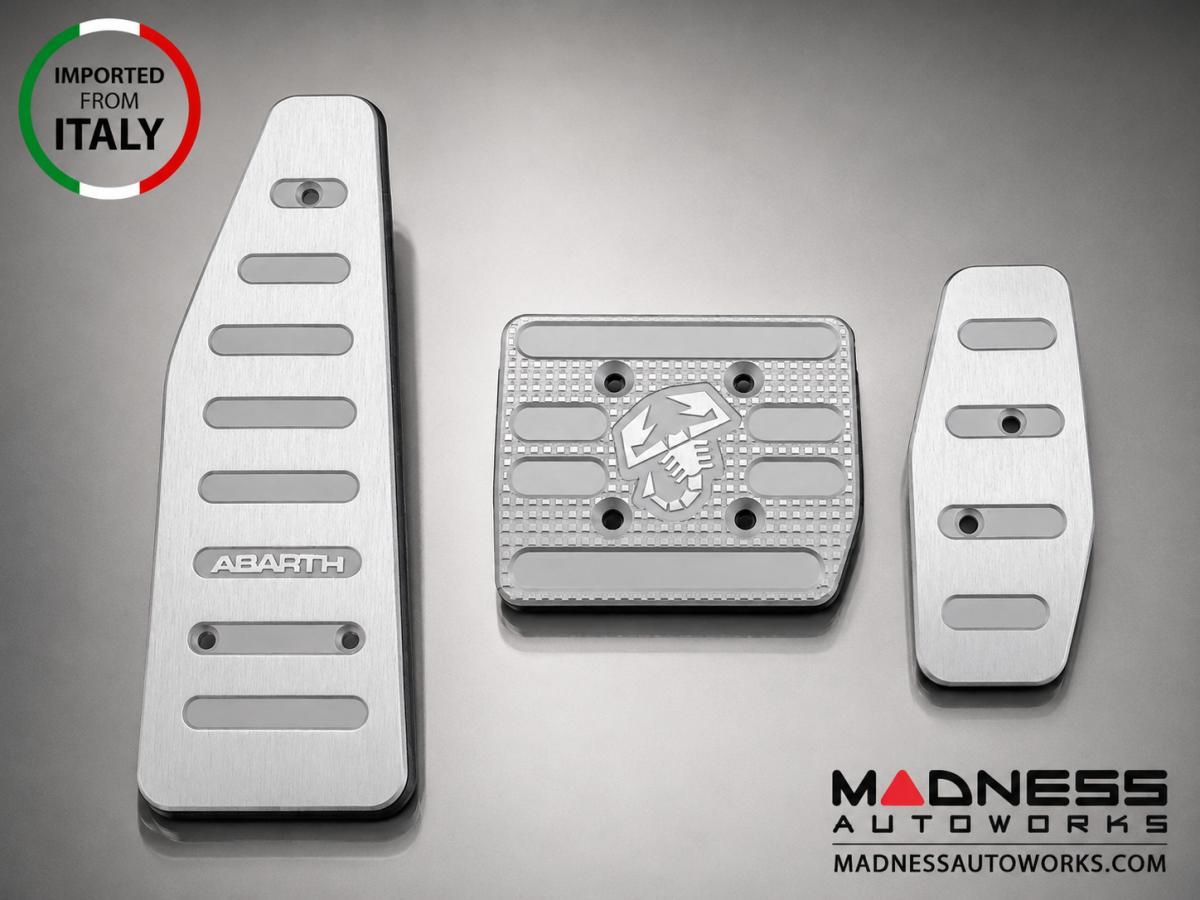 FIAT 500 Pedal Set + Footrest - Aluminum - Machined ABARTH + Scorpion Logos - Automatic FIAT 500 Pedal Set + Footrest - Aluminum - Machined ABARTH + Scorpion Logos - Automatic