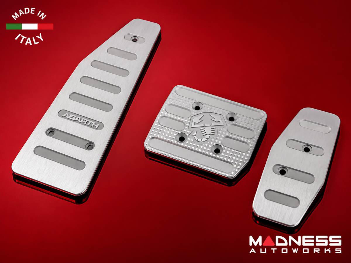 FIAT 500 Pedal Set + Footrest - Aluminum - Machined ABARTH + Scorpion Logos - Automatic FIAT 500 Pedal Set + Footrest - Aluminum - Machined ABARTH + Scorpion Logos - Automatic