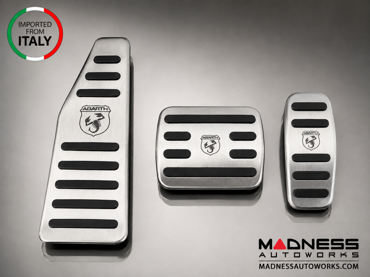 FIAT 500 Pedal Set + Footrest - Aluminum w/ Rubber Inserts + ABARTH Logo - Automatic FIAT 500 Pedal Set + Footrest - Aluminum w/ Rubber Inserts + ABARTH Logo - Automatic
