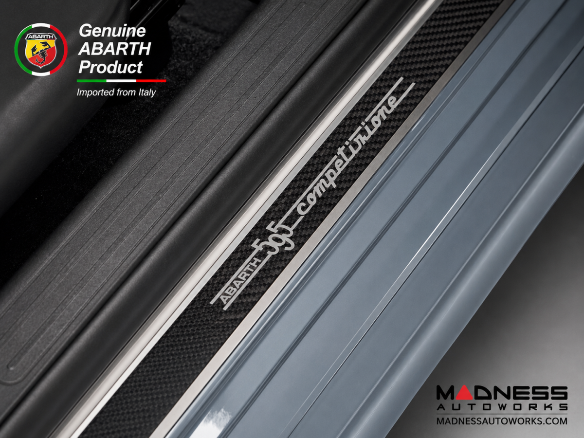 FIAT 500 Door Sills - Stainless Steel w/ Black Carbon Fiber Inlays - 595 Competizione Logo