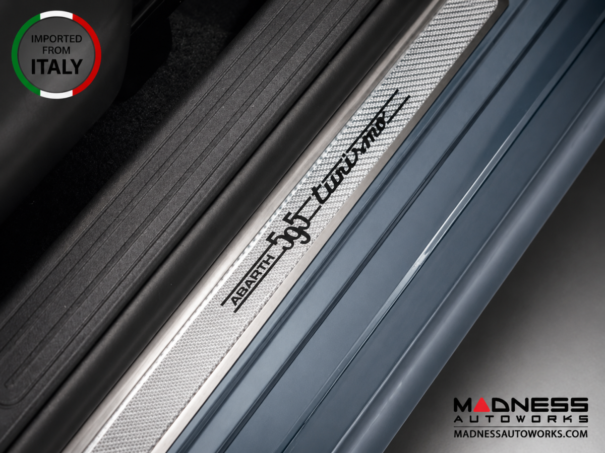 FIAT 500 Door Sills - Stainless Steel w/ Silver Carbon Fiber Inlays - 595 Turismo Logo