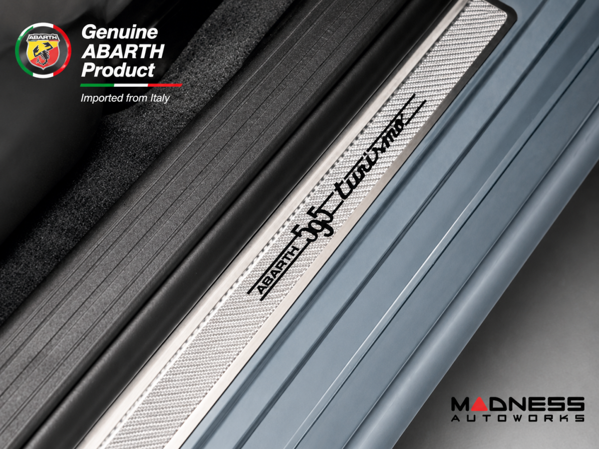 FIAT 500 Door Sills - Stainless Steel w/ Silver Carbon Fiber Inlays - 595 Turismo Logo