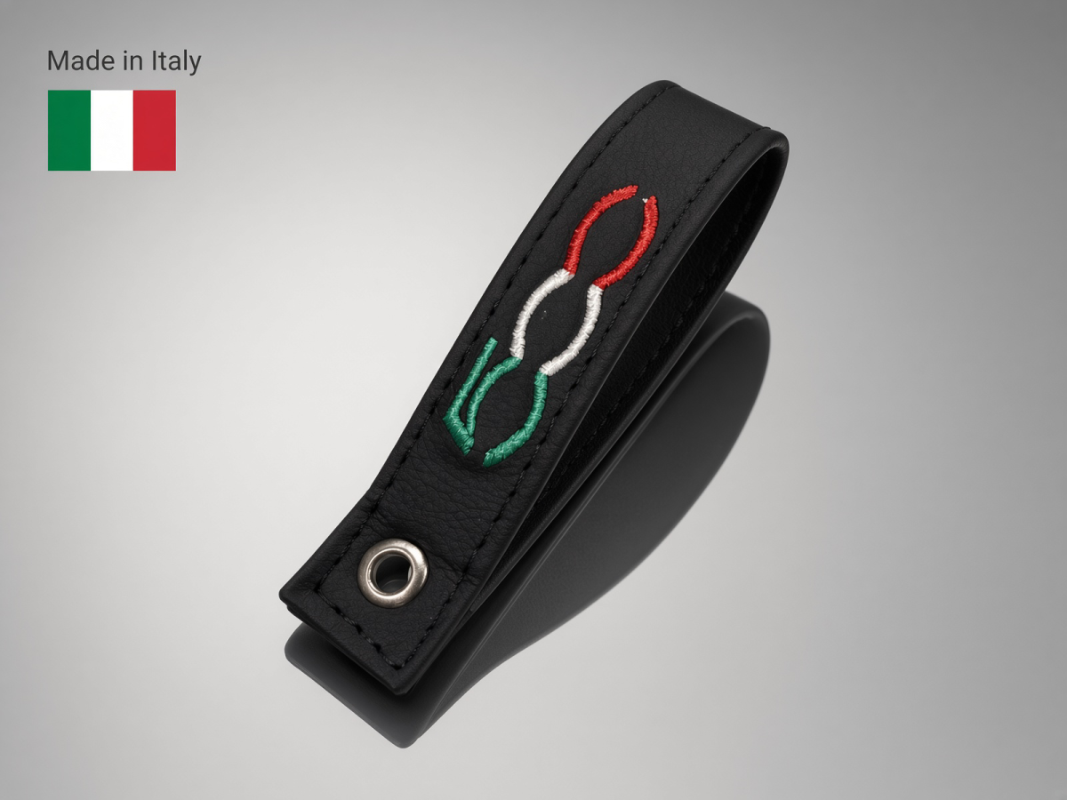 FIAT 500 Trunk Handle / Pull Strap - Black Italy - Black Leather w/ 500 Logo in Italian Colors 