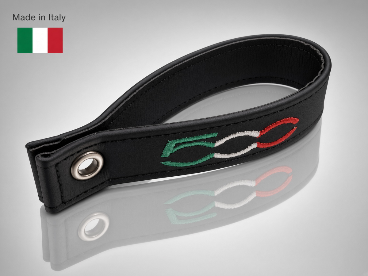 FIAT 500 Trunk Handle / Pull Strap - Black Italy - Black Leather w/ 500 Logo in Italian Colors 