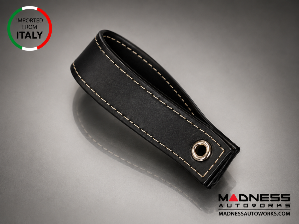 FIAT 500 Trunk Handle / Pull Strap - Black Italy - Black Leather w/ Yellow Stitch