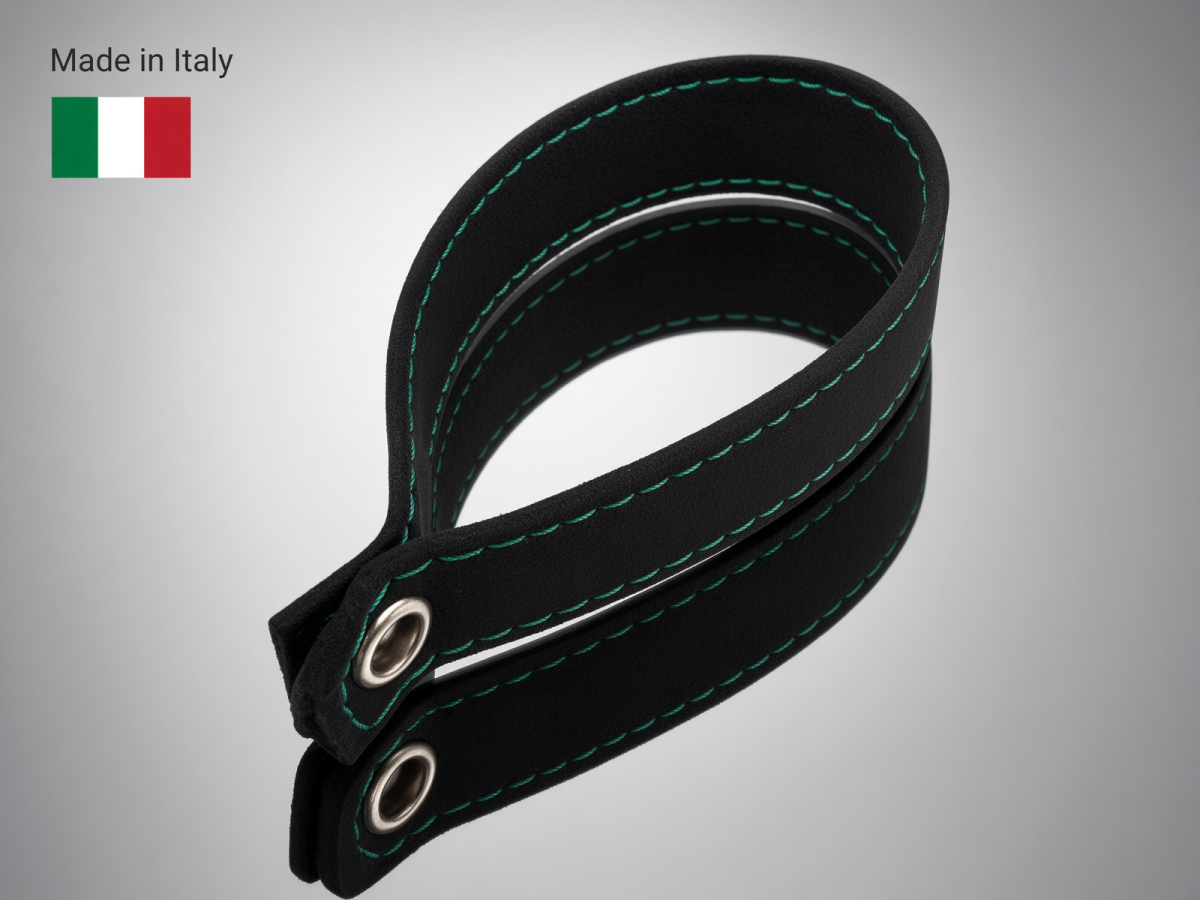 FIAT 500 Trunk Handle / Pull Strap - Black Italy - Black Alcantara w/ Green Stitch