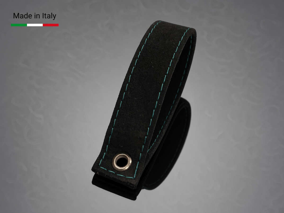FIAT 500 Trunk Handle / Pull Strap - Black Italy - Black Alcantara w/ Green Stitch