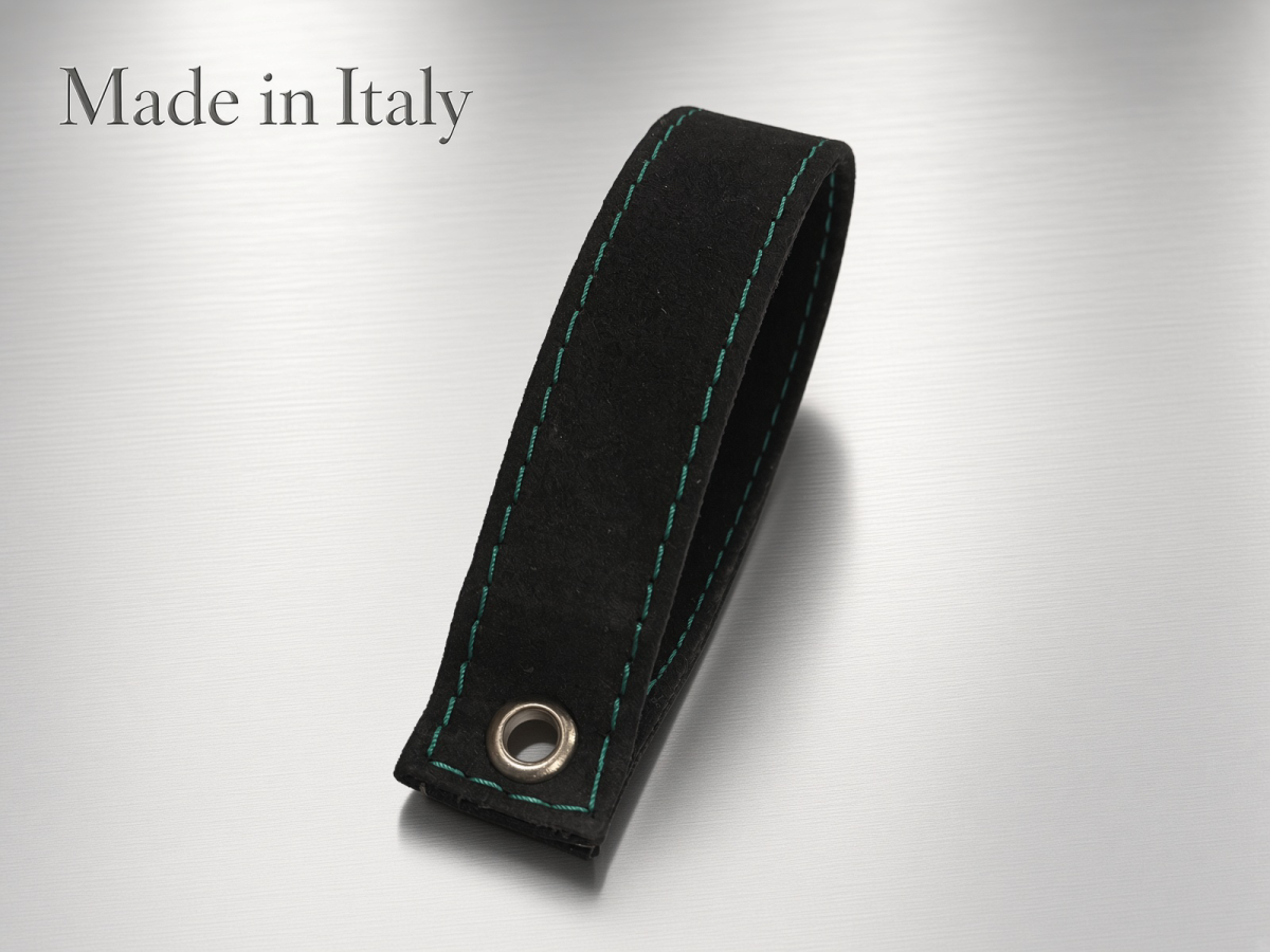 FIAT 500 Trunk Handle / Pull Strap - Black Italy - Black Alcantara w/ Green Stitch