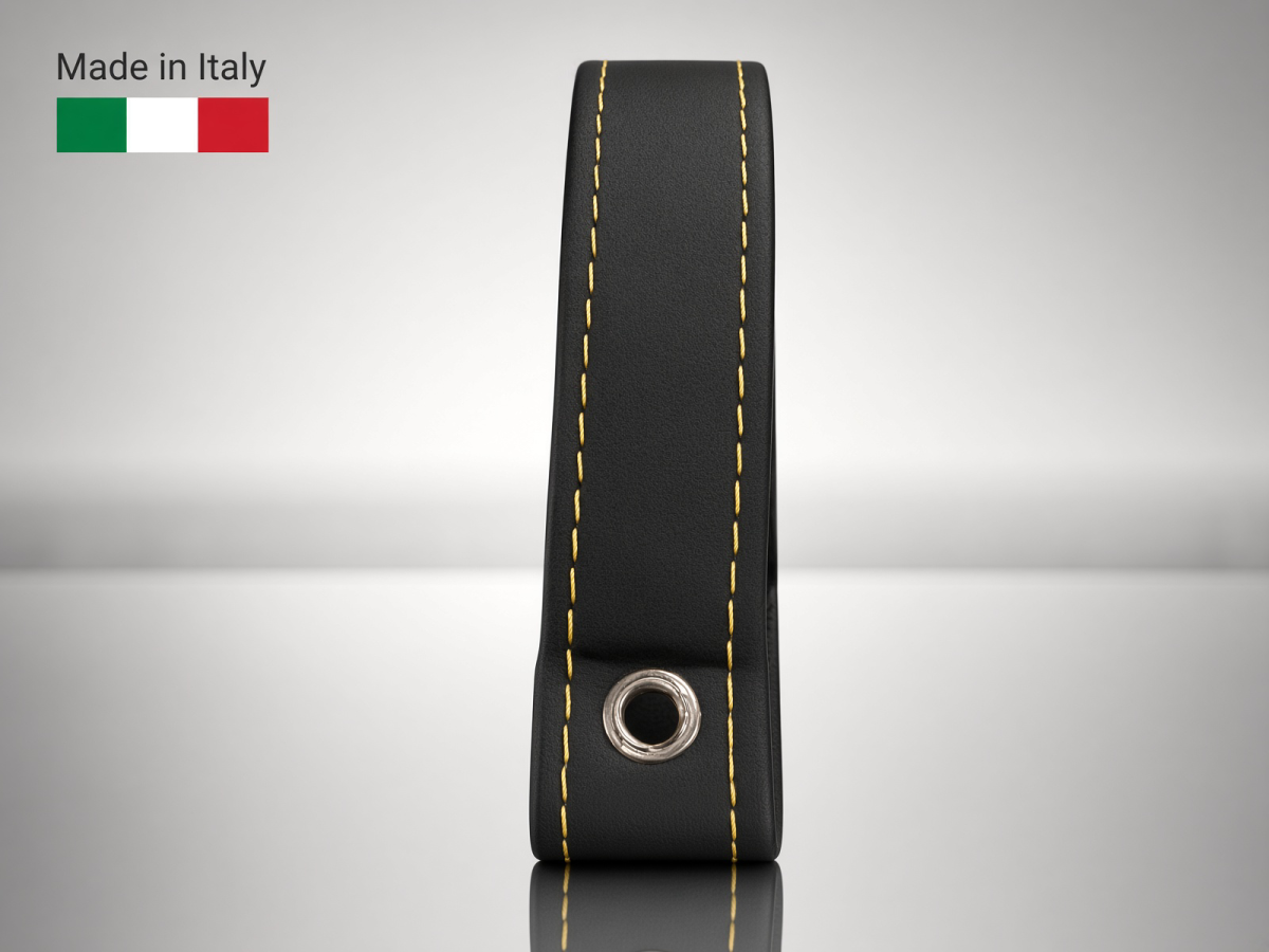 FIAT 500 Trunk Handle / Pull Strap - Black Italy - Black Leather w/ Yellow Stitch