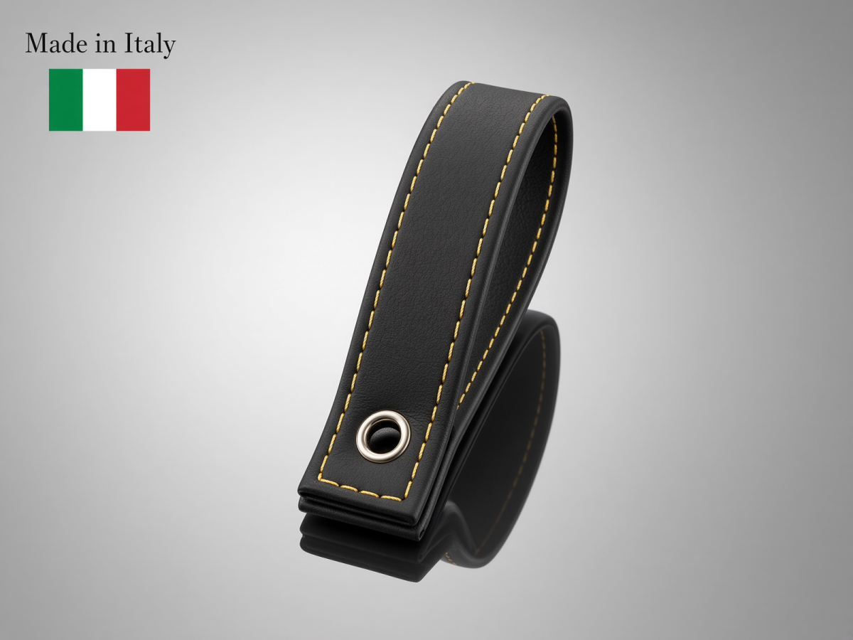 FIAT 500 Trunk Handle / Pull Strap - Black Italy - Black Leather w/ Yellow Stitch