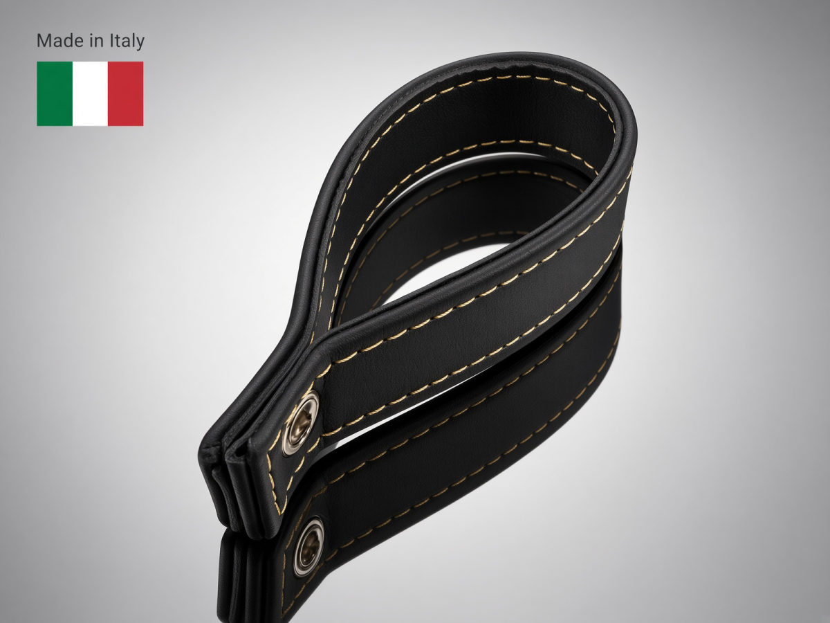 FIAT 500 Trunk Handle / Pull Strap - Black Italy - Black Leather w/ Yellow Stitch