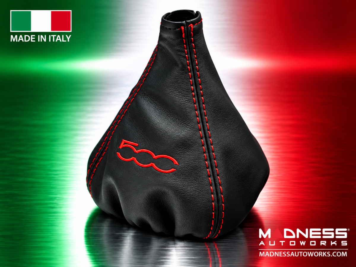 FIAT 500 Gear Shift Boot - Black Leather w/ Red Stitching and 500 Logo