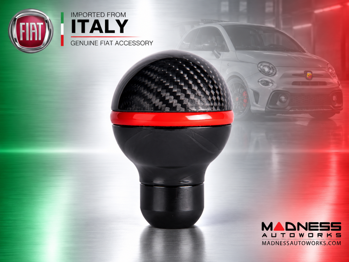 FIAT 500 Gear Shift Knob - Black Italy  - Carbon Fiber Top/ Black Base and Red Side Stripe