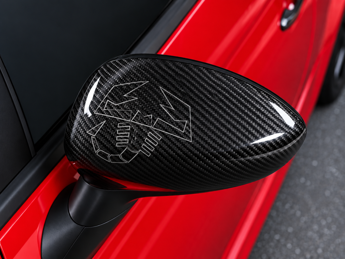 FIAT 500 Mirror Covers - Carbon Fiber - White Scorpion Outline - Carbon Connoisseur