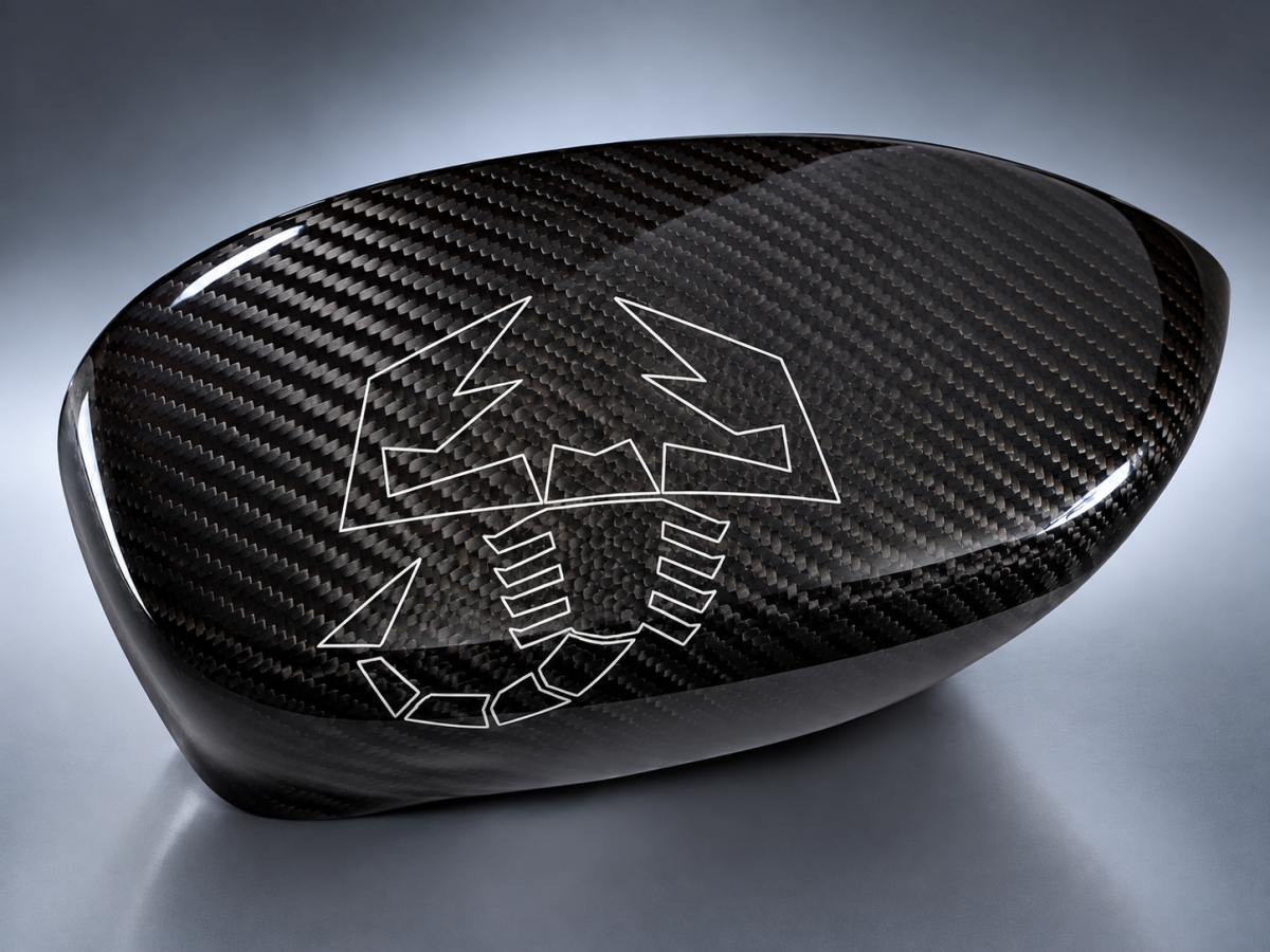 FIAT 500 Mirror Covers - Carbon Fiber - White Scorpion Outline - Carbon Connoisseur