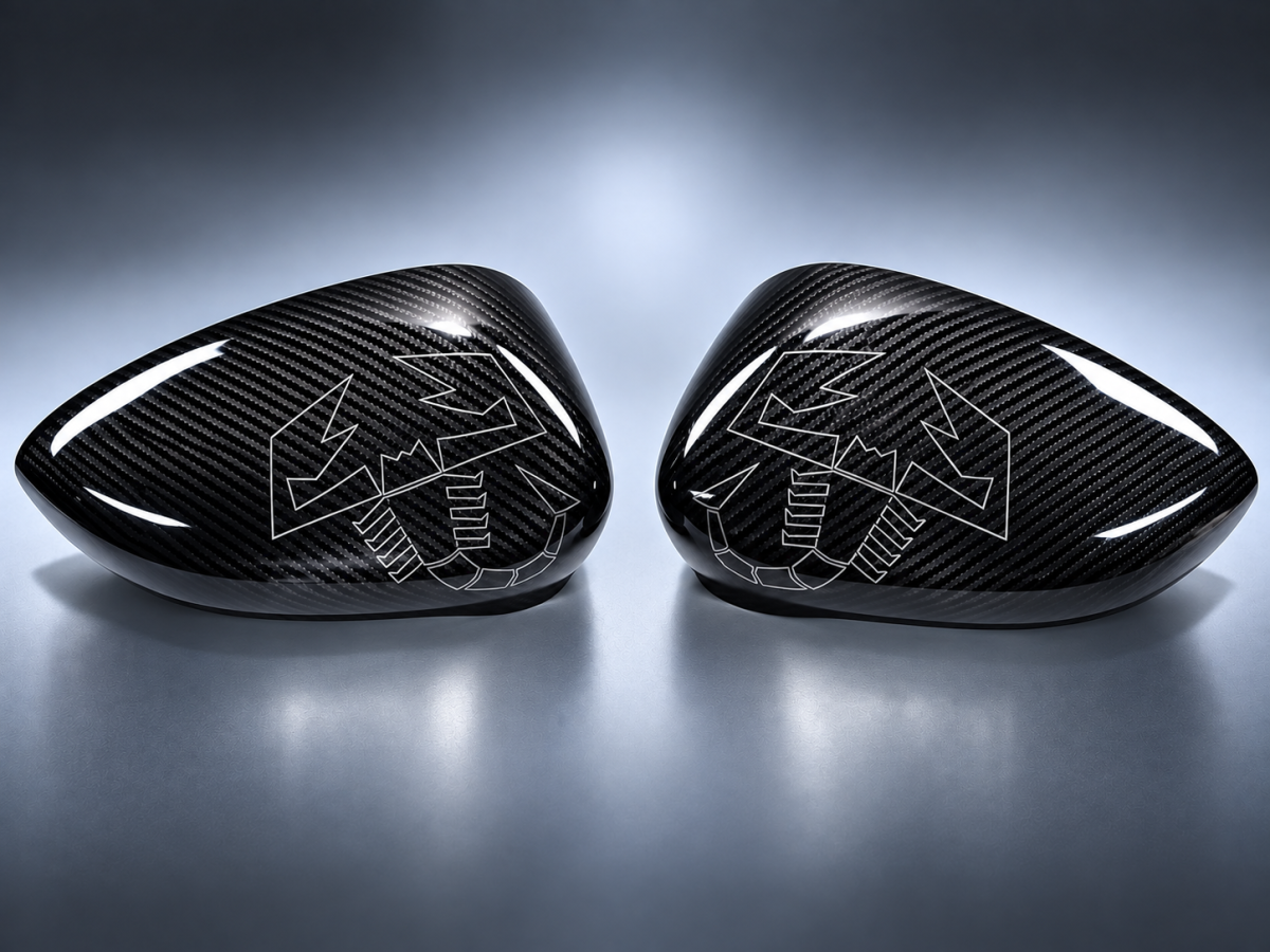 FIAT 500 Mirror Covers - Carbon Fiber - White Scorpion Outline - Carbon Connoisseur