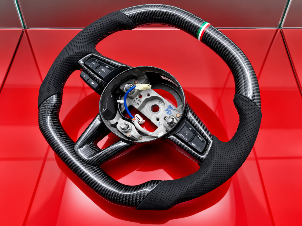 FIAT 124 Custom Steering Wheel - Carbon Fiber - Flat Top/ Flat Bottom w/ Italian Stripe - Perforated Leather