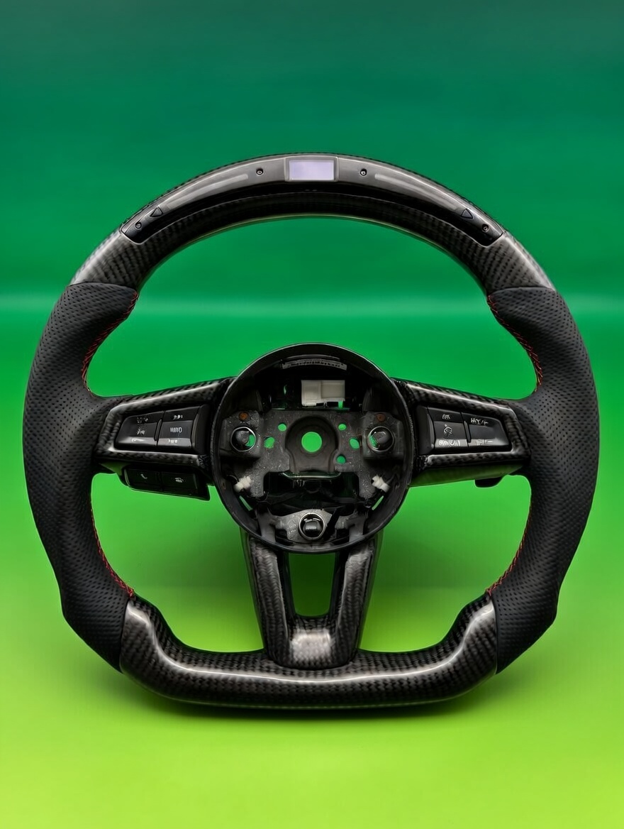FIAT 124 Custom Steering Wheel - Carbon Fiber - Flat Bottom - Black Perforated Leather w/ LED Display