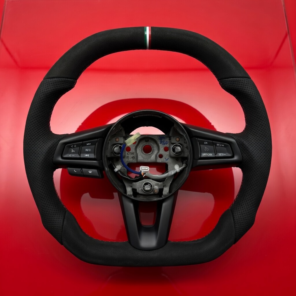 FIAT 124 Custom Steering Wheel - Carbon Fiber - Round Top/ Flat Bottom w/ Italian Stripe - Alcantara