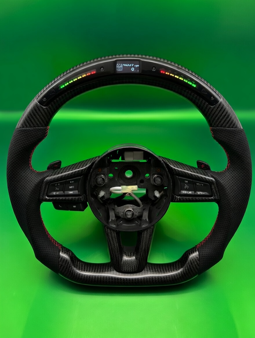 FIAT 124 Custom Steering Wheel - Carbon Fiber - Flat Bottom - Black Perforated Leather w/ LED Display