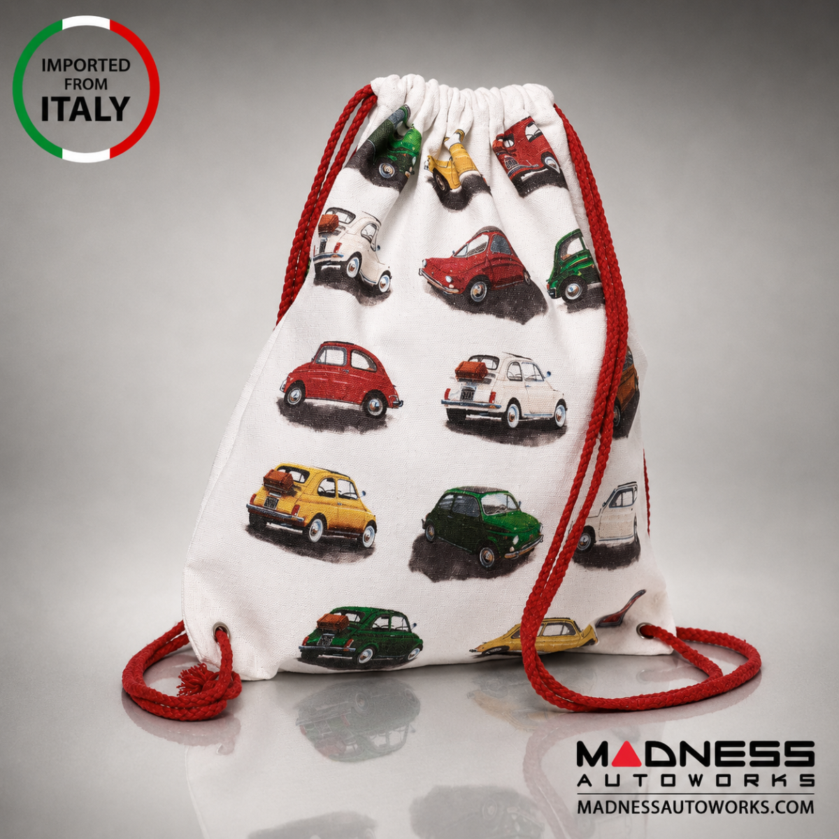 Canvas Bag - Drawstring - Classic White Fiat 500 Repeat Canvas Bag - Drawstring - Classic White Fiat 500 Repeat