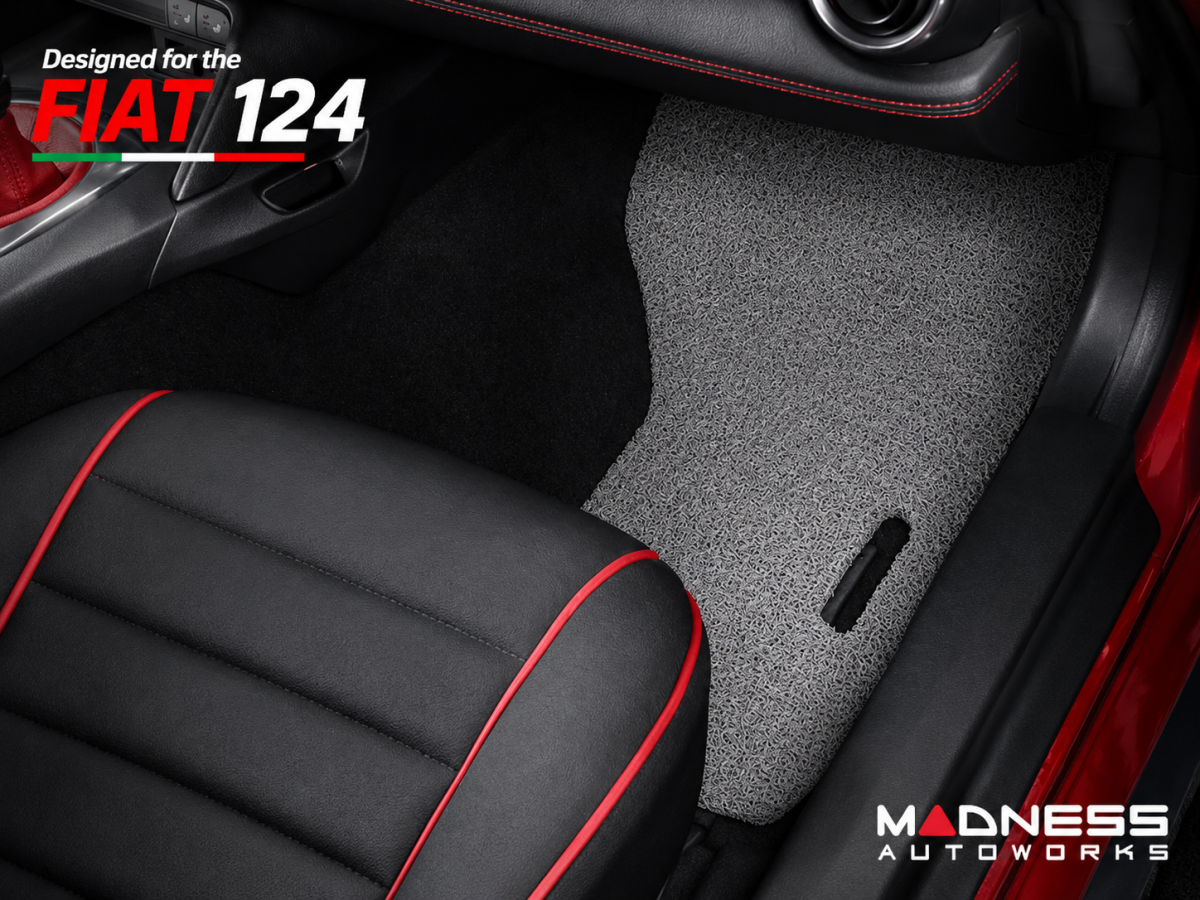 FIAT 124 Floor Mats - All Weather - Rubber Woven Carpet - Black + Grey